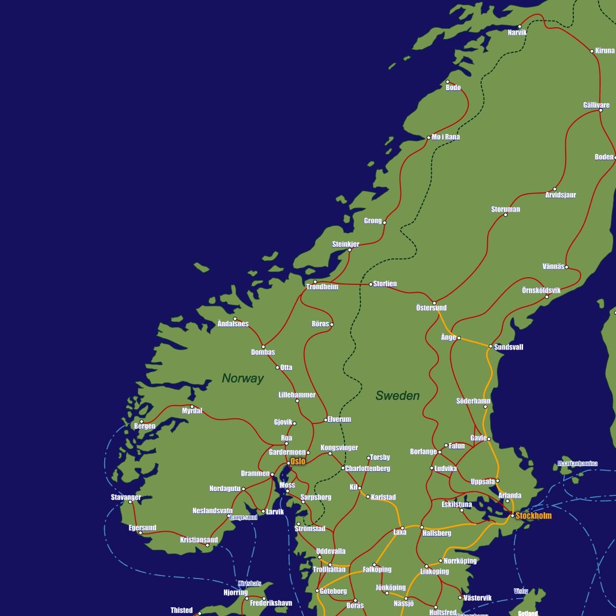 Mapa Norvegia tren ibilbide