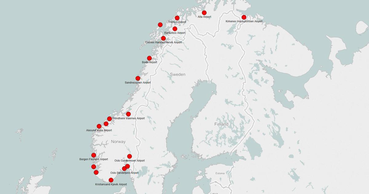 Mapa Norvegia aireportuetan