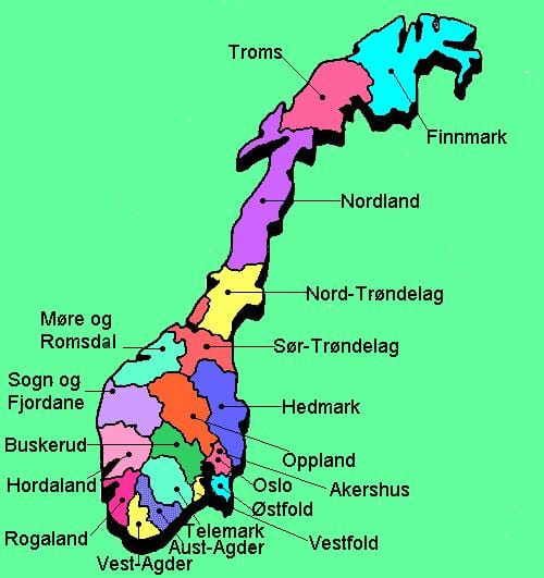 Mapa Norvegia nazionala ibilbide turistikoak 