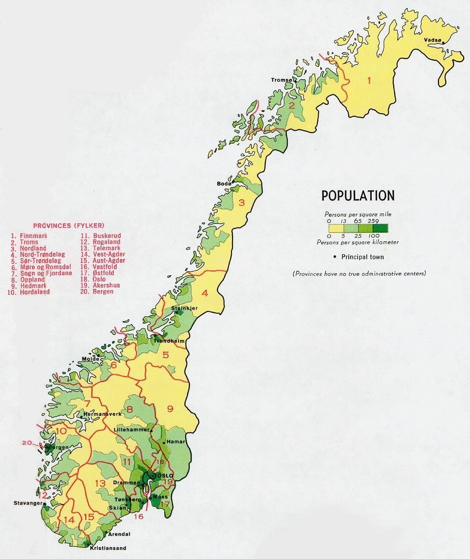 Norvegiako biztanleriaren mapa